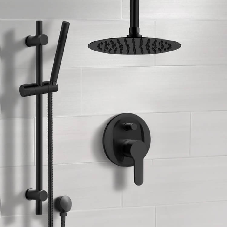 Shower Faucet, Remer SFR63-10, Matte Black Ceiling Shower System With 10 Inch Rain Shower Head and Hand Shower
